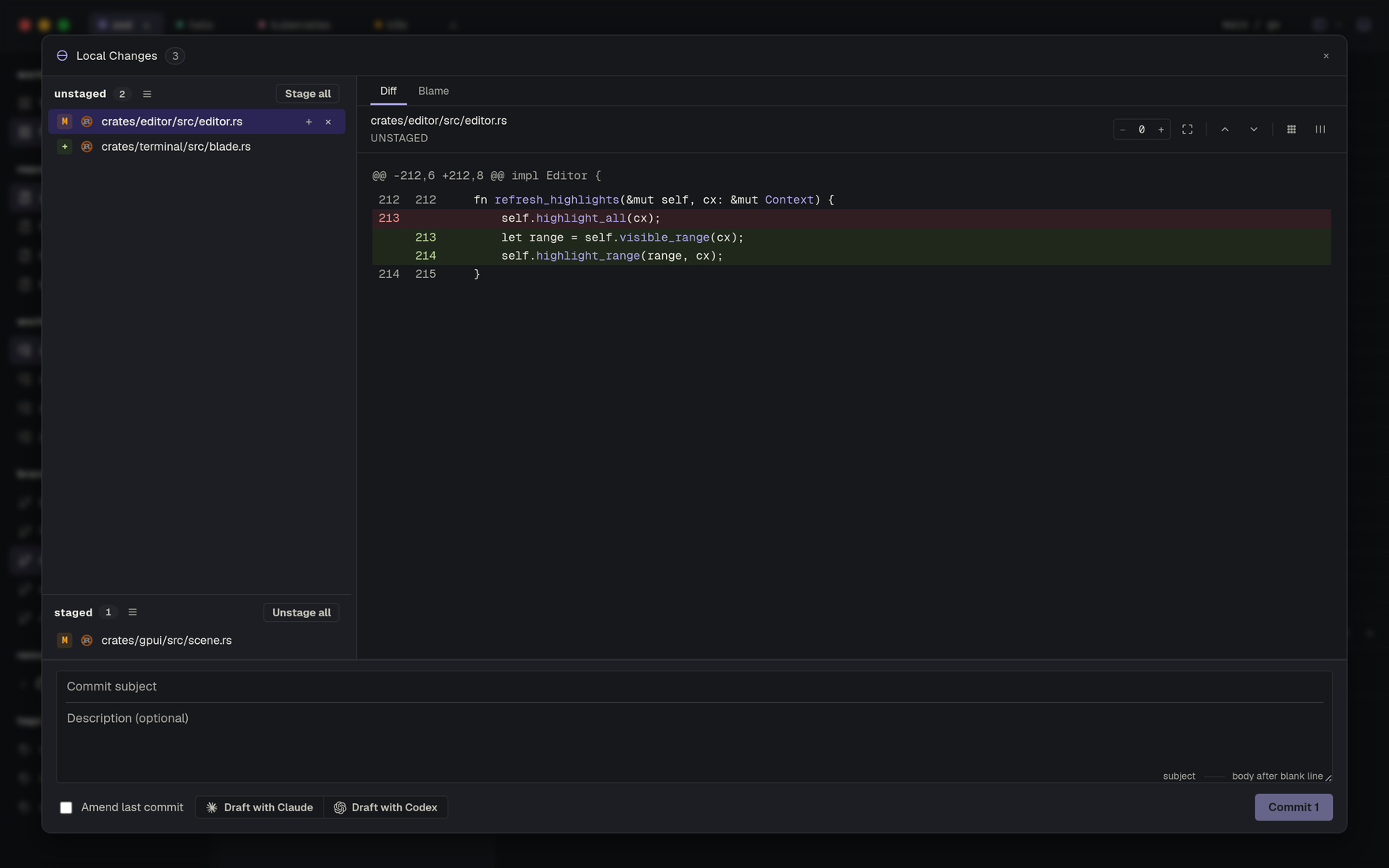 Githic — staged and unstaged files, a live diff, and the commit box