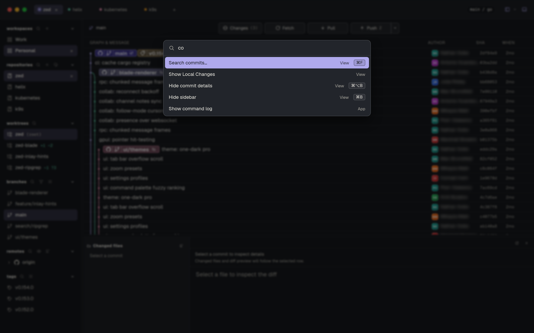 Githic — command palette overlay listing actions with shortcuts