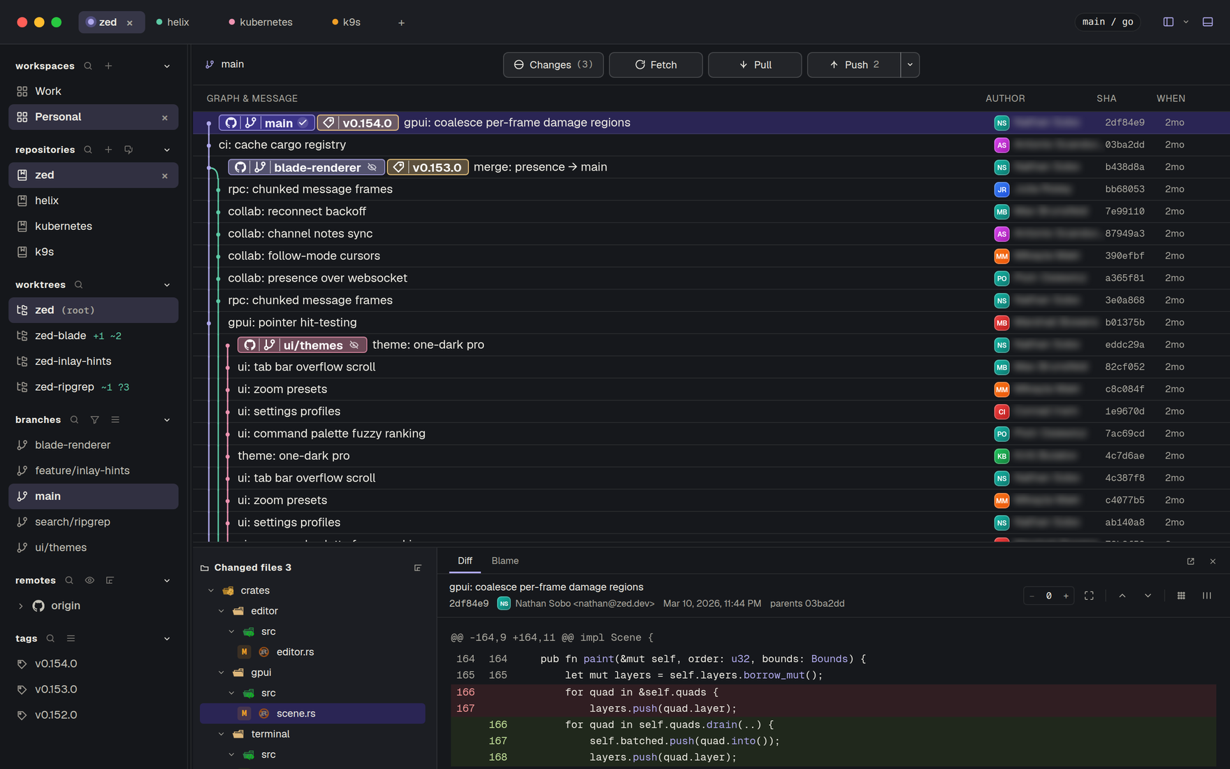 Githic — a selected commit, its changed files, and a syntax-highlighted diff